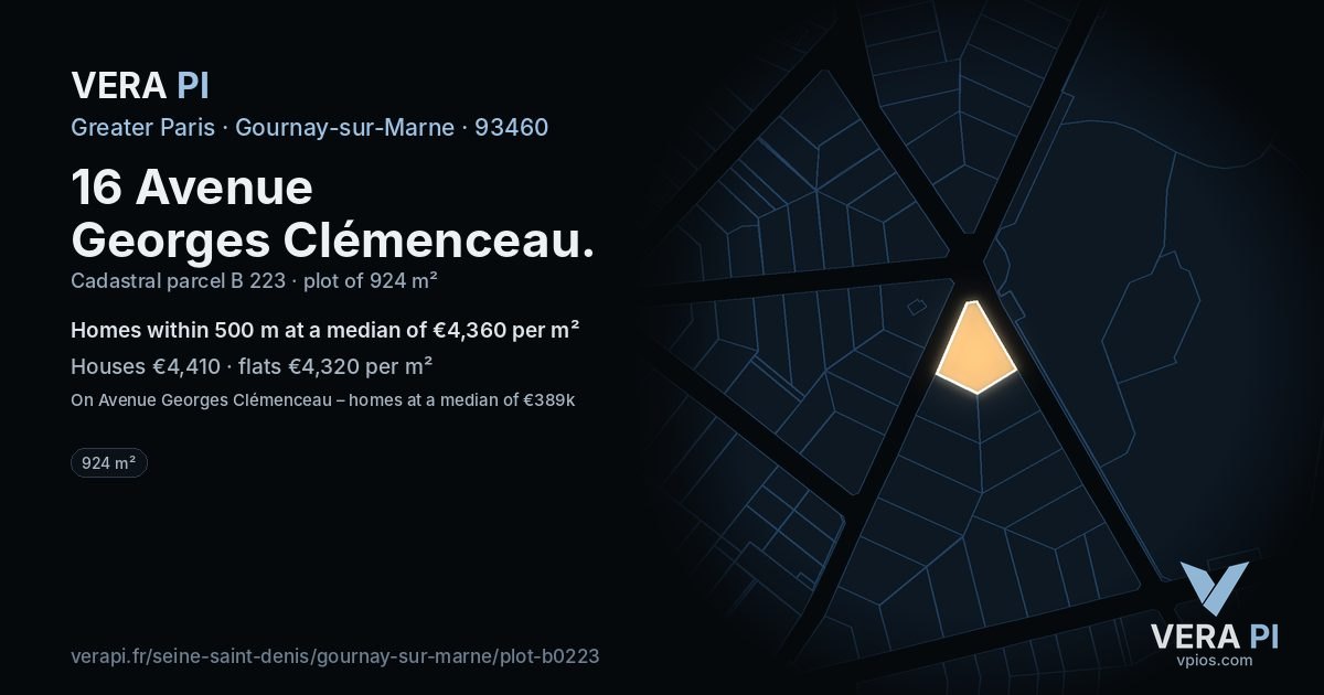 16 Avenue Georges Clémenceau, Gournay-sur-Marne at night – the plot lit, the parcels around coloured by the prices near them