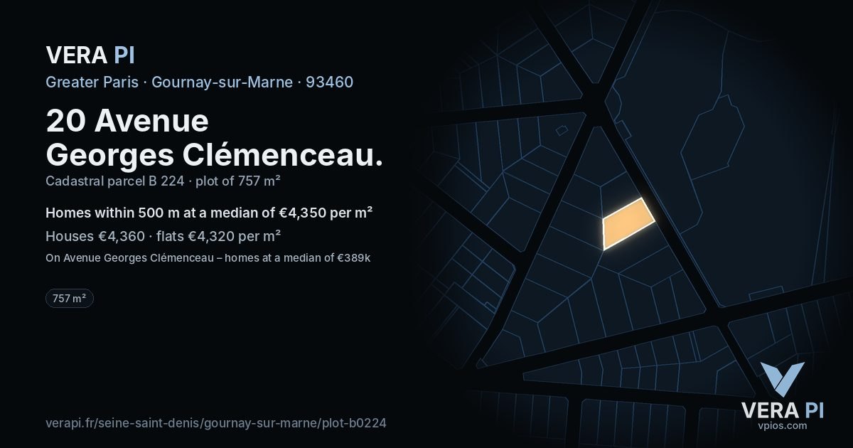 20 Avenue Georges Clémenceau, Gournay-sur-Marne at night – the plot lit, the parcels around coloured by the prices near them