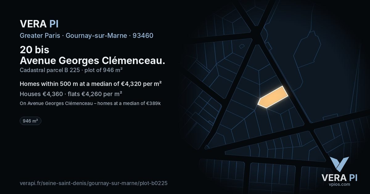 20 bis Avenue Georges Clémenceau, Gournay-sur-Marne at night – the plot lit, the parcels around coloured by the prices near them