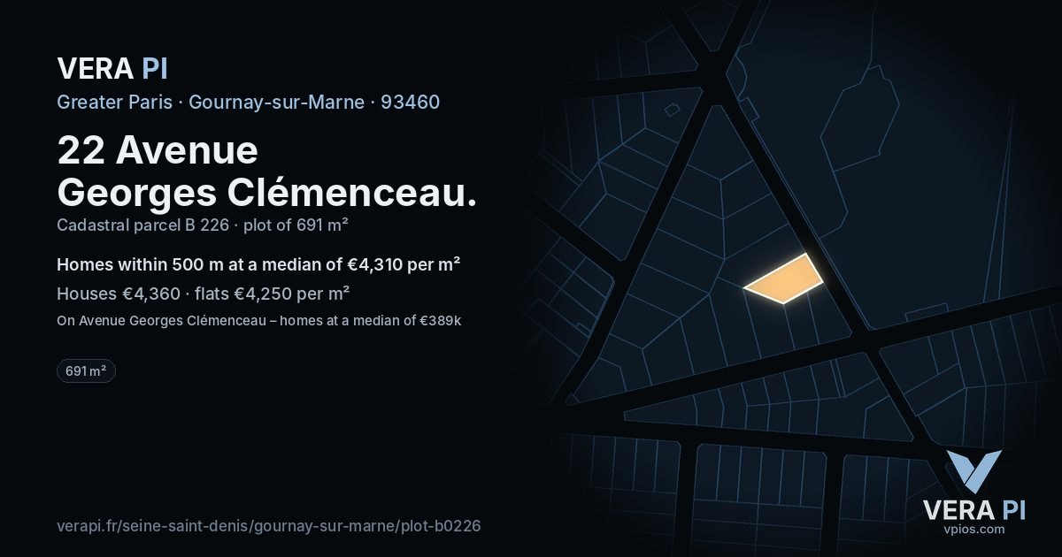 22 Avenue Georges Clémenceau, Gournay-sur-Marne at night – the plot lit, the parcels around coloured by the prices near them