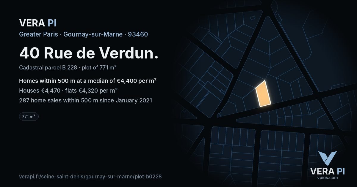 40 Rue de Verdun, Gournay-sur-Marne at night – the plot lit, the parcels around coloured by the prices near them