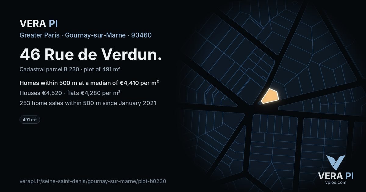 46 Rue de Verdun, Gournay-sur-Marne at night – the plot lit, the parcels around coloured by the prices near them
