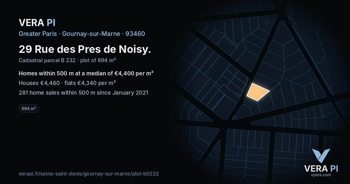 29 Rue des Pres de Noisy, Gournay-sur-Marne at night – the plot lit, the parcels around coloured by the prices near them