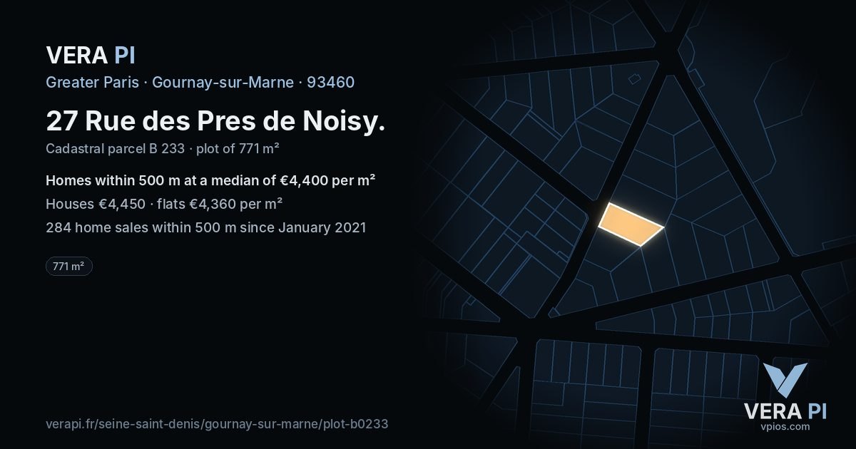 27 Rue des Pres de Noisy, Gournay-sur-Marne at night – the plot lit, the parcels around coloured by the prices near them