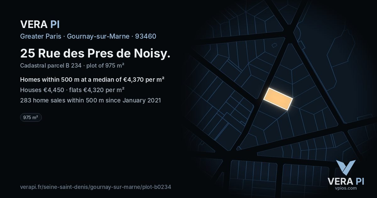 25 Rue des Pres de Noisy, Gournay-sur-Marne at night – the plot lit, the parcels around coloured by the prices near them
