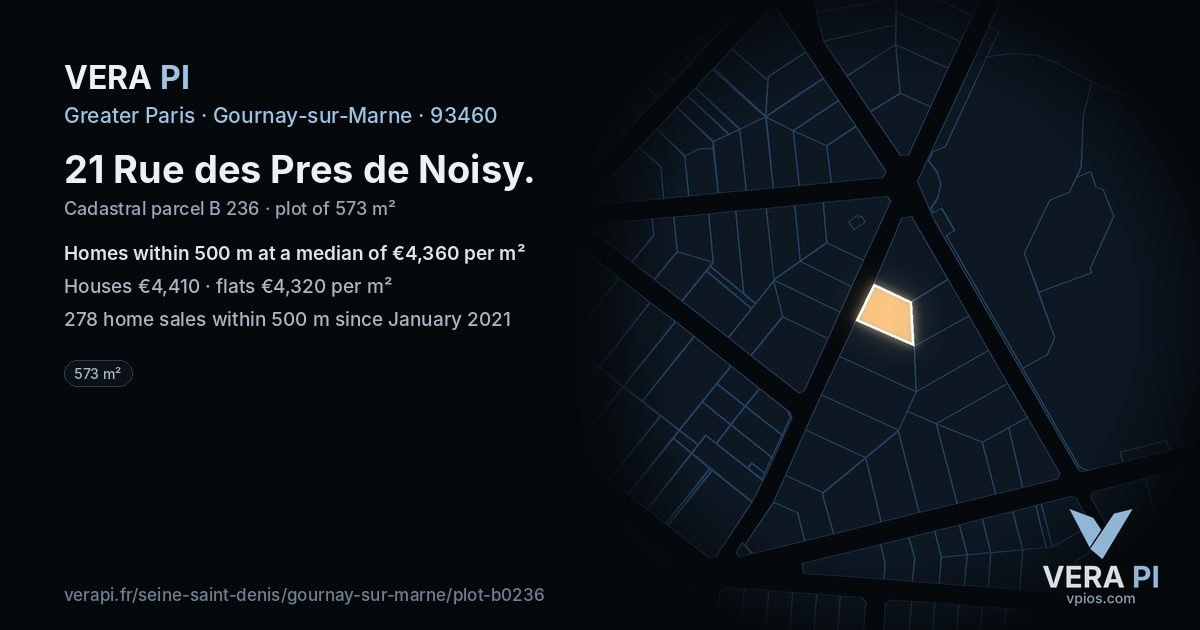 21 Rue des Pres de Noisy, Gournay-sur-Marne at night – the plot lit, the parcels around coloured by the prices near them