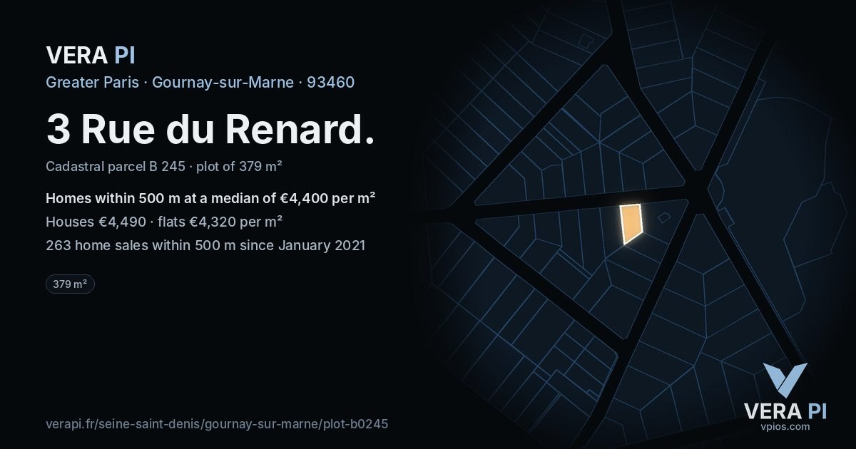 3 Rue du Renard, Gournay-sur-Marne at night – the plot lit, the parcels around coloured by the prices near them