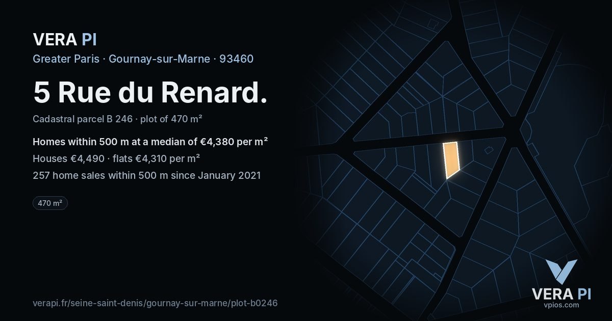 5 Rue du Renard, Gournay-sur-Marne at night – the plot lit, the parcels around coloured by the prices near them