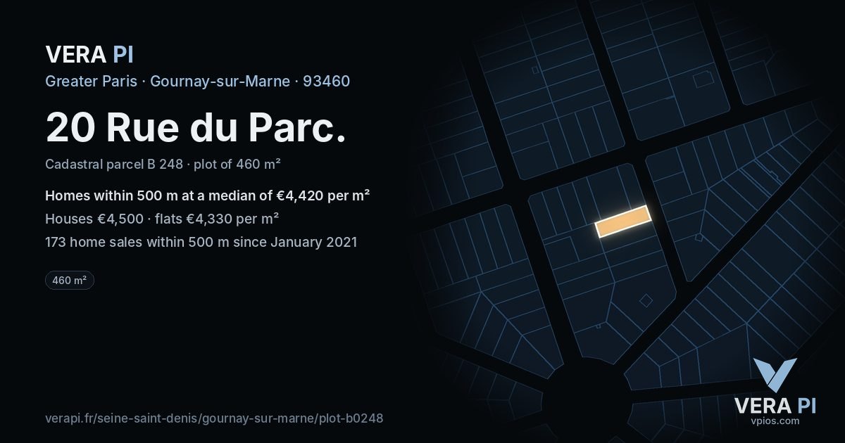 20 Rue du Parc, Gournay-sur-Marne at night – the plot lit, the parcels around coloured by the prices near them