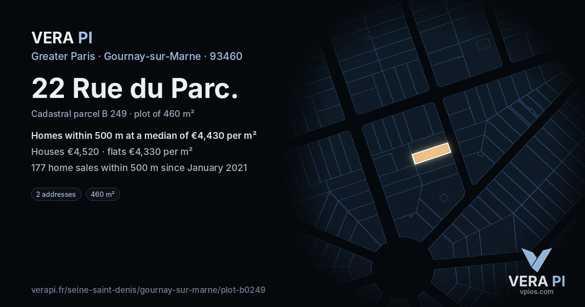 22 Rue du Parc, Gournay-sur-Marne at night – the plot lit, the parcels around coloured by the prices near them