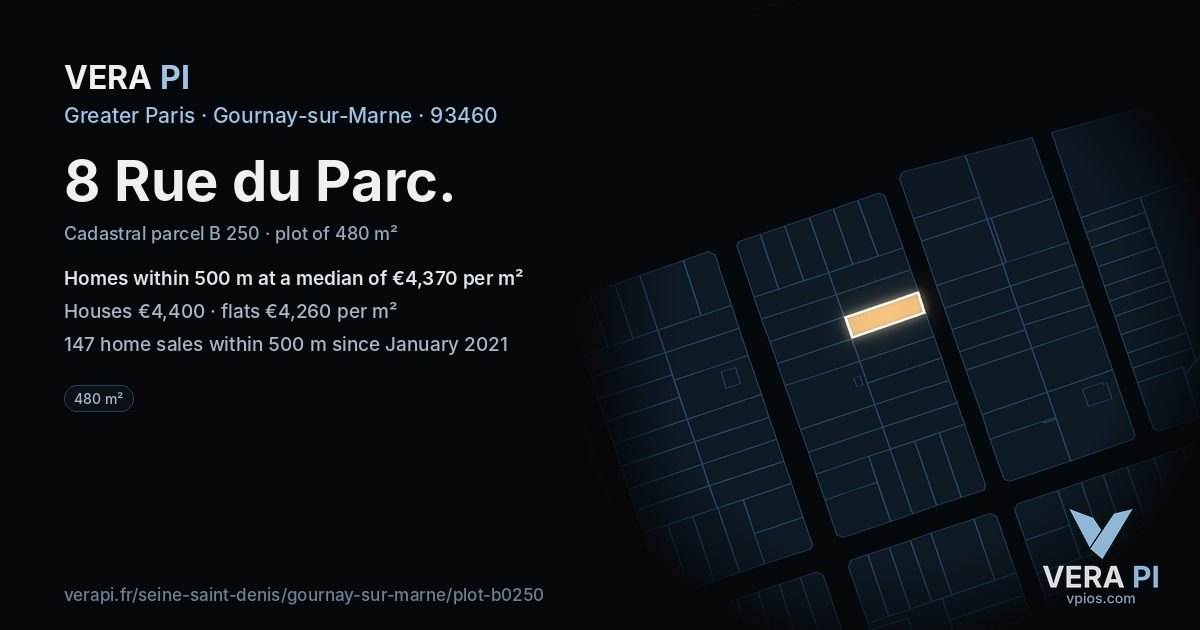 8 Rue du Parc, Gournay-sur-Marne at night – the plot lit, the parcels around coloured by the prices near them