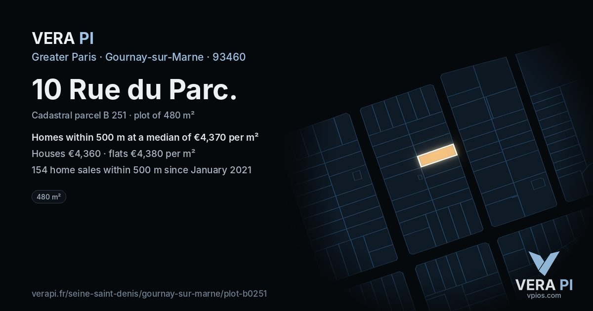 10 Rue du Parc, Gournay-sur-Marne at night – the plot lit, the parcels around coloured by the prices near them