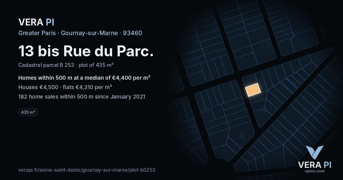 13 bis Rue du Parc, Gournay-sur-Marne at night – the plot lit, the parcels around coloured by the prices near them