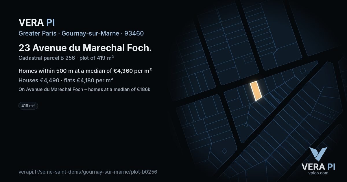 23 Avenue du Marechal Foch, Gournay-sur-Marne at night – the plot lit, the parcels around coloured by the prices near them