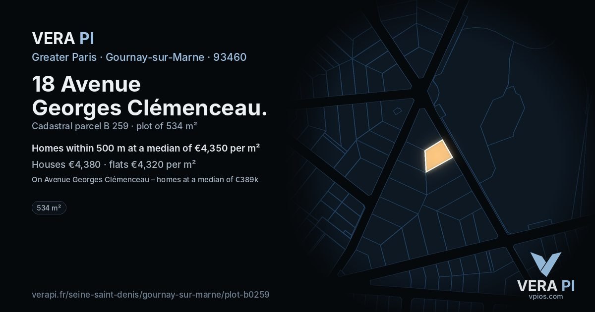 18 Avenue Georges Clémenceau, Gournay-sur-Marne at night – the plot lit, the parcels around coloured by the prices near them