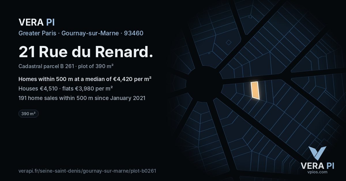 21 Rue du Renard, Gournay-sur-Marne at night – the plot lit, the parcels around coloured by the prices near them