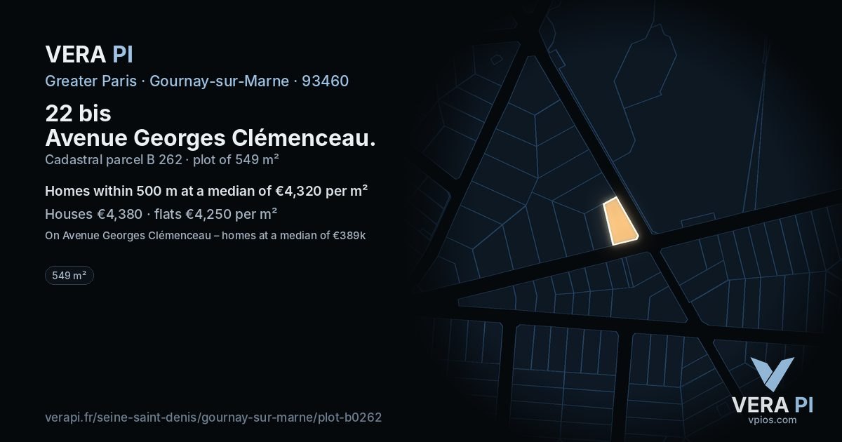 22 bis Avenue Georges Clémenceau, Gournay-sur-Marne at night – the plot lit, the parcels around coloured by the prices near them