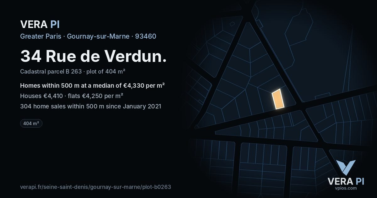 34 Rue de Verdun, Gournay-sur-Marne at night – the plot lit, the parcels around coloured by the prices near them
