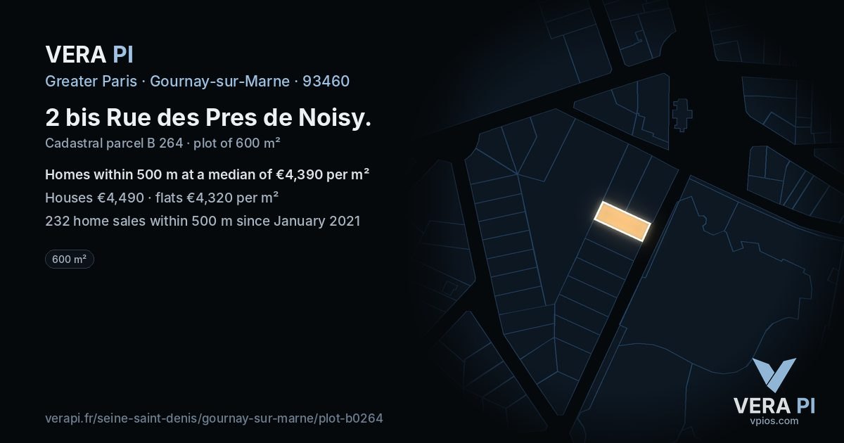2 bis Rue des Pres de Noisy, Gournay-sur-Marne at night – the plot lit, the parcels around coloured by the prices near them