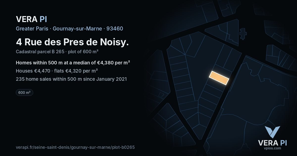 4 Rue des Pres de Noisy, Gournay-sur-Marne at night – the plot lit, the parcels around coloured by the prices near them