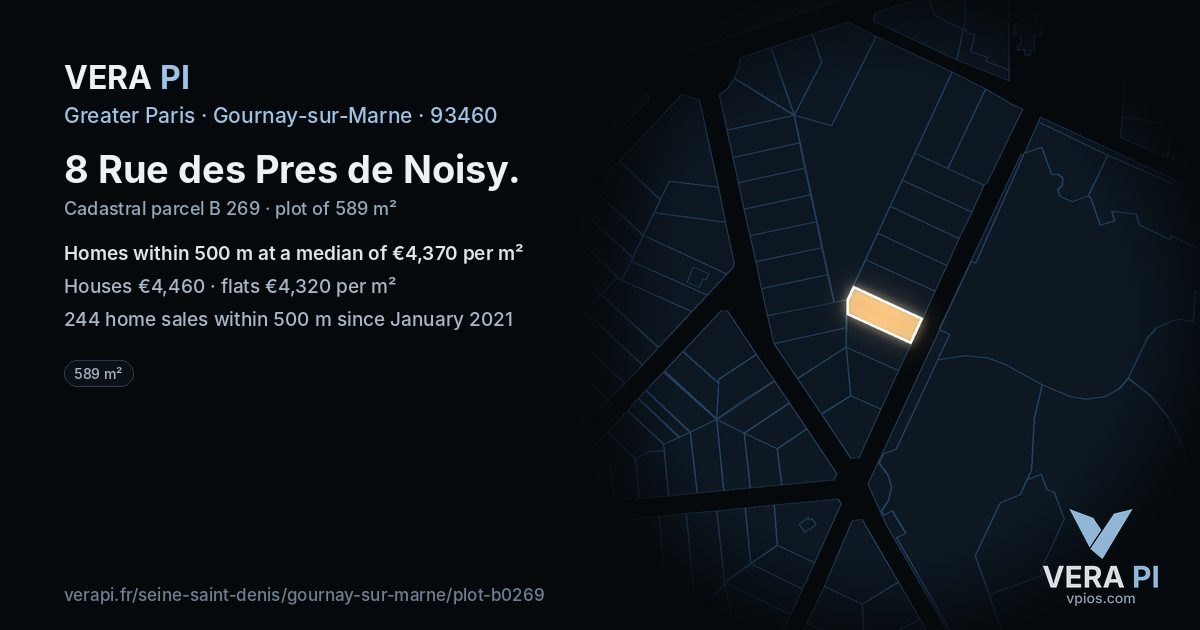8 Rue des Pres de Noisy, Gournay-sur-Marne at night – the plot lit, the parcels around coloured by the prices near them