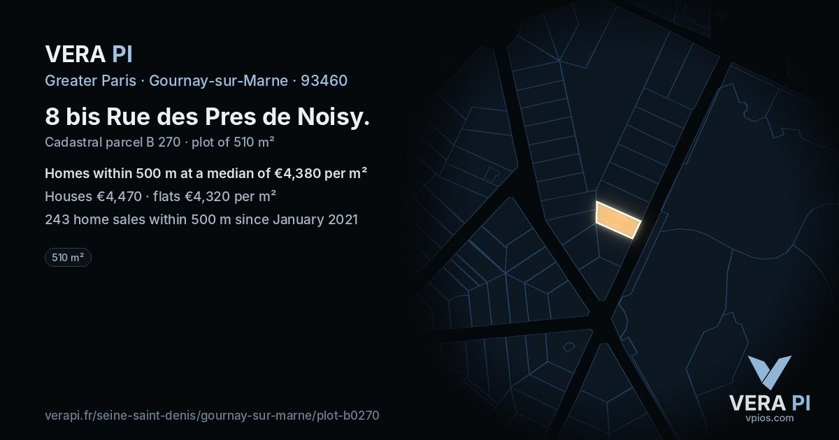 8 bis Rue des Pres de Noisy, Gournay-sur-Marne at night – the plot lit, the parcels around coloured by the prices near them