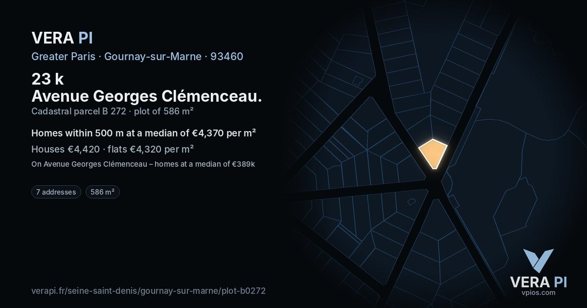 23 k Avenue Georges Clémenceau, Gournay-sur-Marne at night – the plot lit, the parcels around coloured by the prices near them