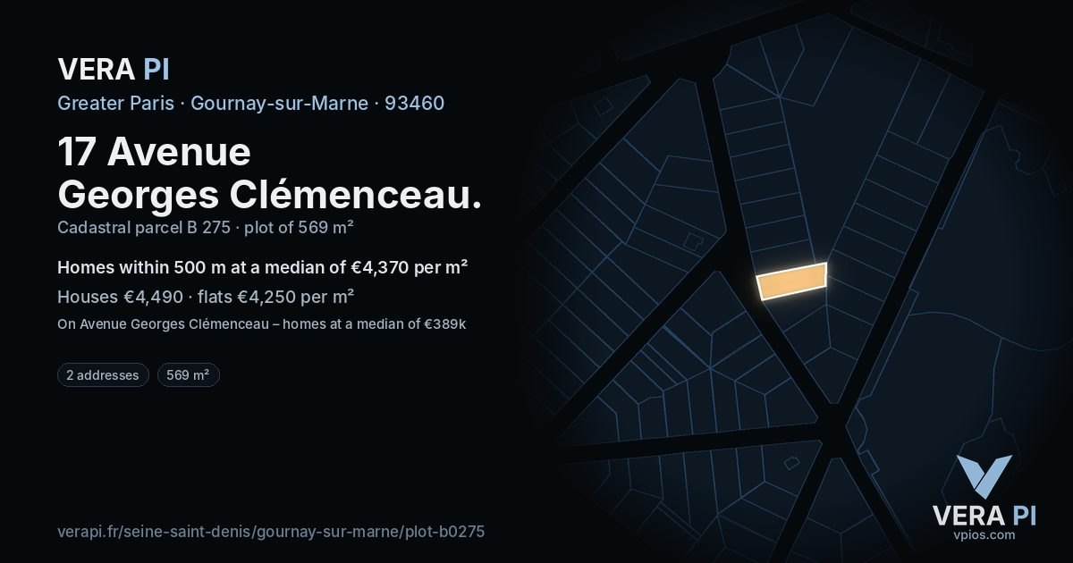 17 Avenue Georges Clémenceau, Gournay-sur-Marne at night – the plot lit, the parcels around coloured by the prices near them