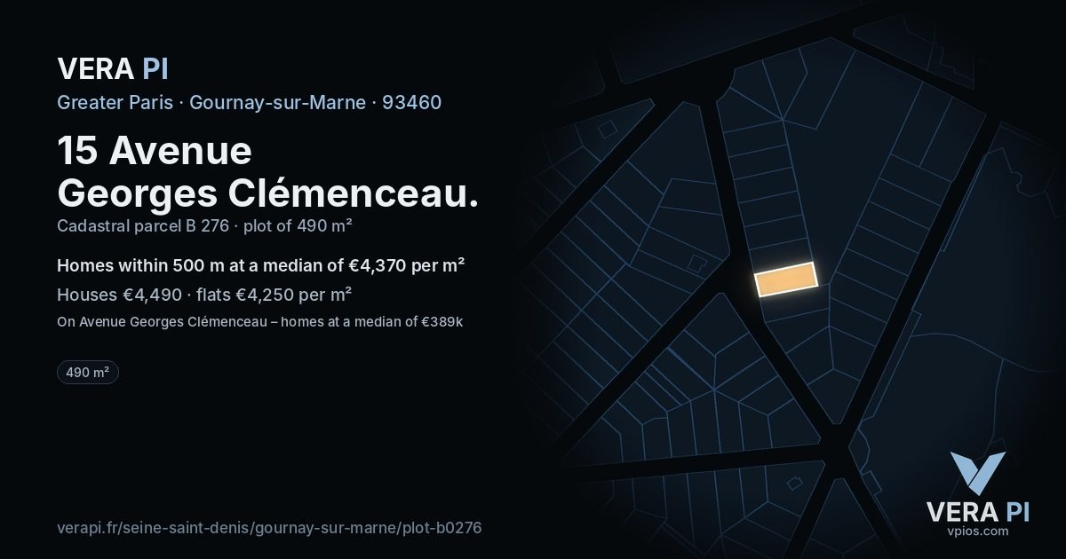 15 Avenue Georges Clémenceau, Gournay-sur-Marne at night – the plot lit, the parcels around coloured by the prices near them