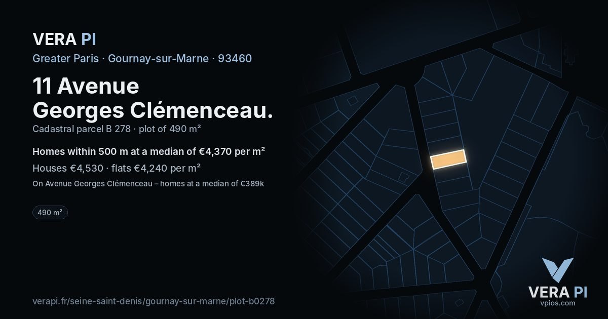 11 Avenue Georges Clémenceau, Gournay-sur-Marne at night – the plot lit, the parcels around coloured by the prices near them