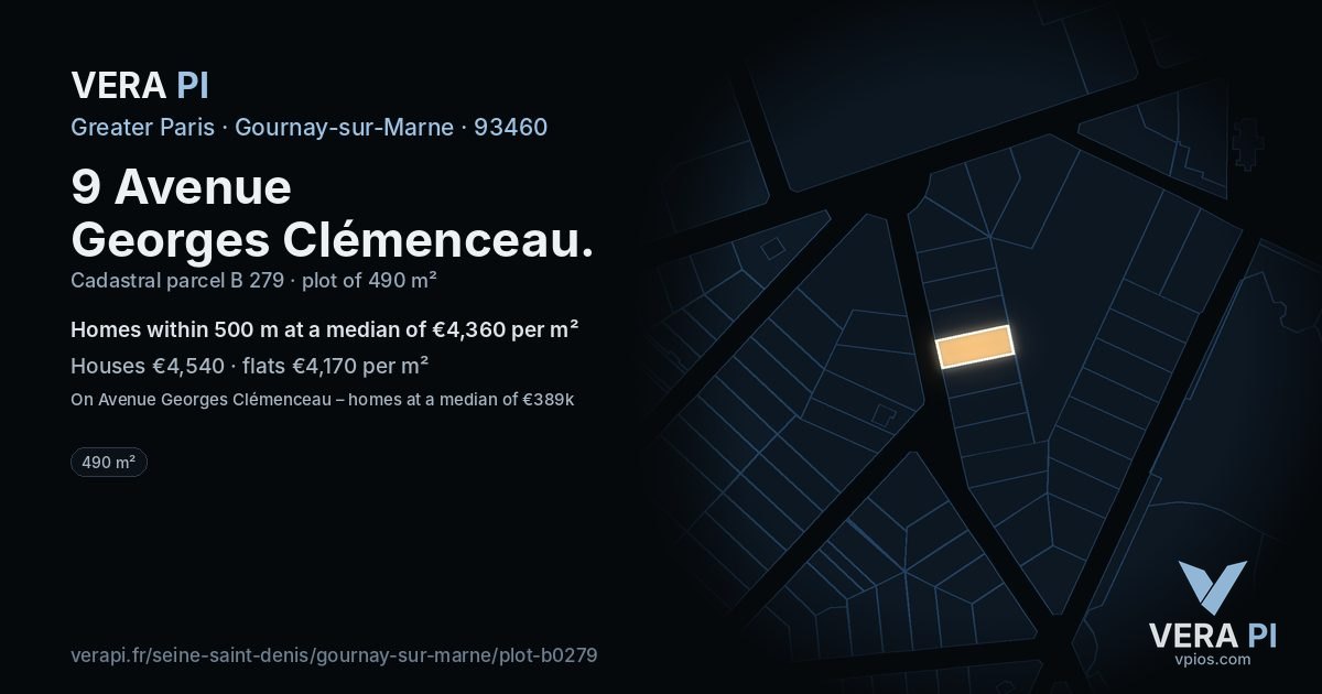 9 Avenue Georges Clémenceau, Gournay-sur-Marne at night – the plot lit, the parcels around coloured by the prices near them