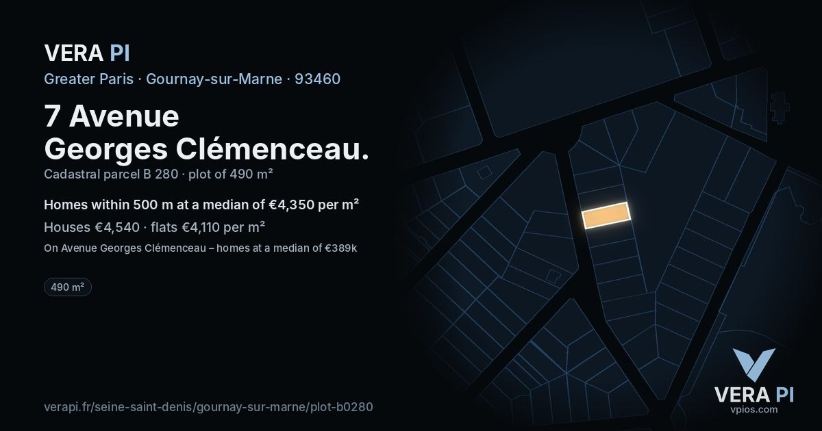 7 Avenue Georges Clémenceau, Gournay-sur-Marne at night – the plot lit, the parcels around coloured by the prices near them