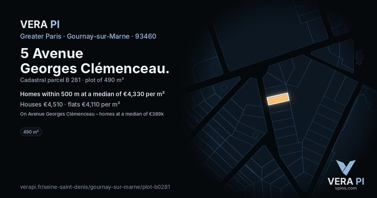 5 Avenue Georges Clémenceau, Gournay-sur-Marne at night – the plot lit, the parcels around coloured by the prices near them