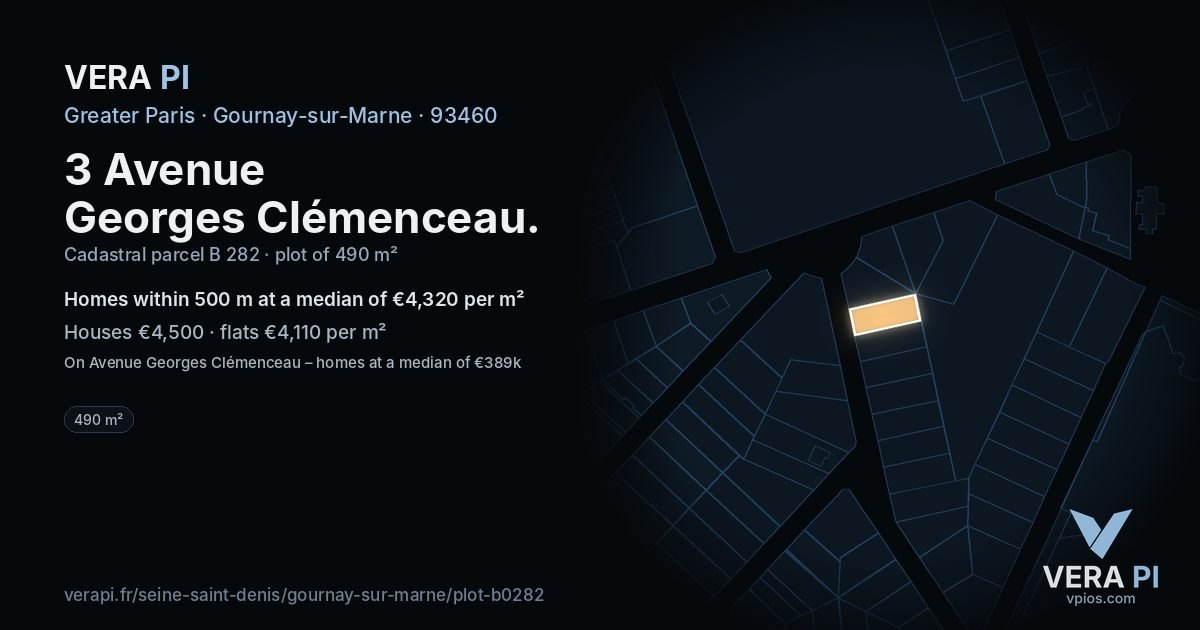 3 Avenue Georges Clémenceau, Gournay-sur-Marne at night – the plot lit, the parcels around coloured by the prices near them