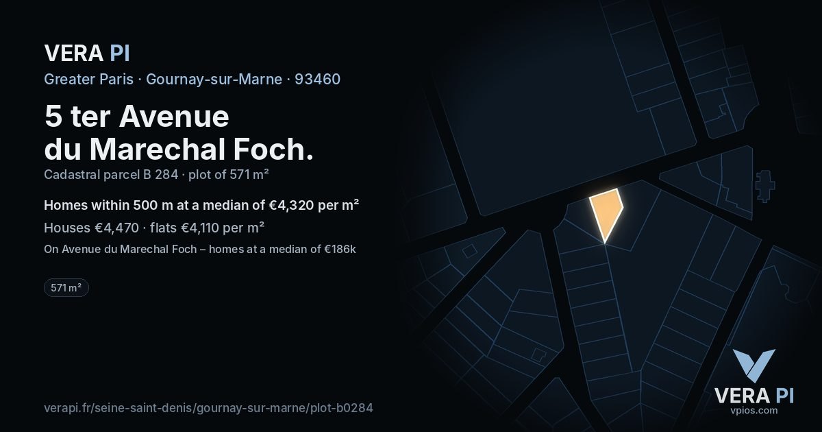 5 ter Avenue du Marechal Foch, Gournay-sur-Marne at night – the plot lit, the parcels around coloured by the prices near them