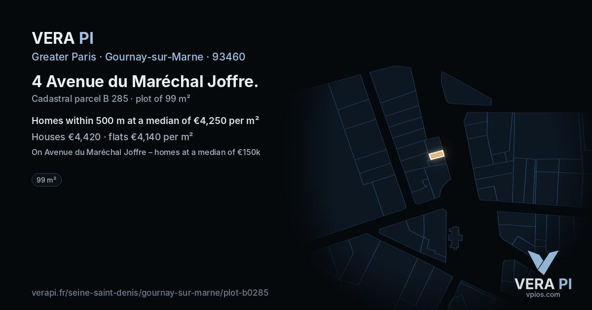 4 Avenue du Maréchal Joffre, Gournay-sur-Marne at night – the plot lit, the parcels around coloured by the prices near them