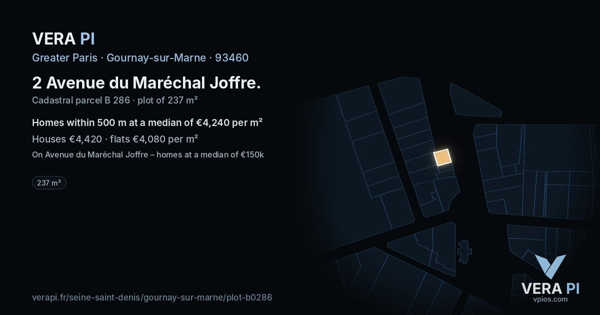 2 Avenue du Maréchal Joffre, Gournay-sur-Marne at night – the plot lit, the parcels around coloured by the prices near them