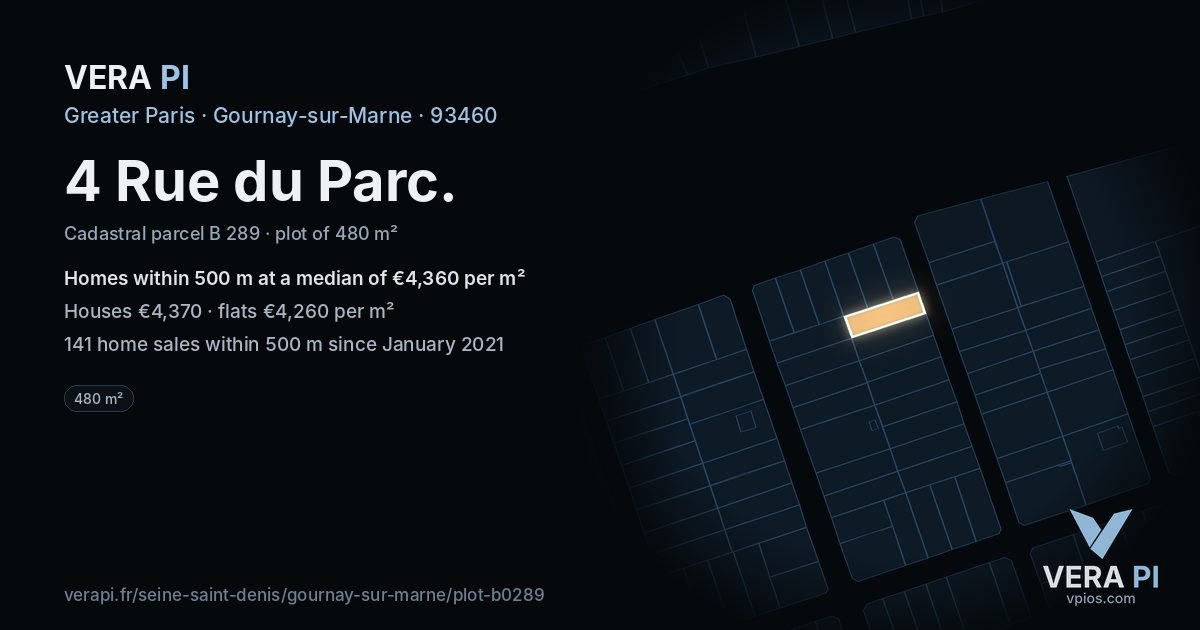 4 Rue du Parc, Gournay-sur-Marne at night – the plot lit, the parcels around coloured by the prices near them