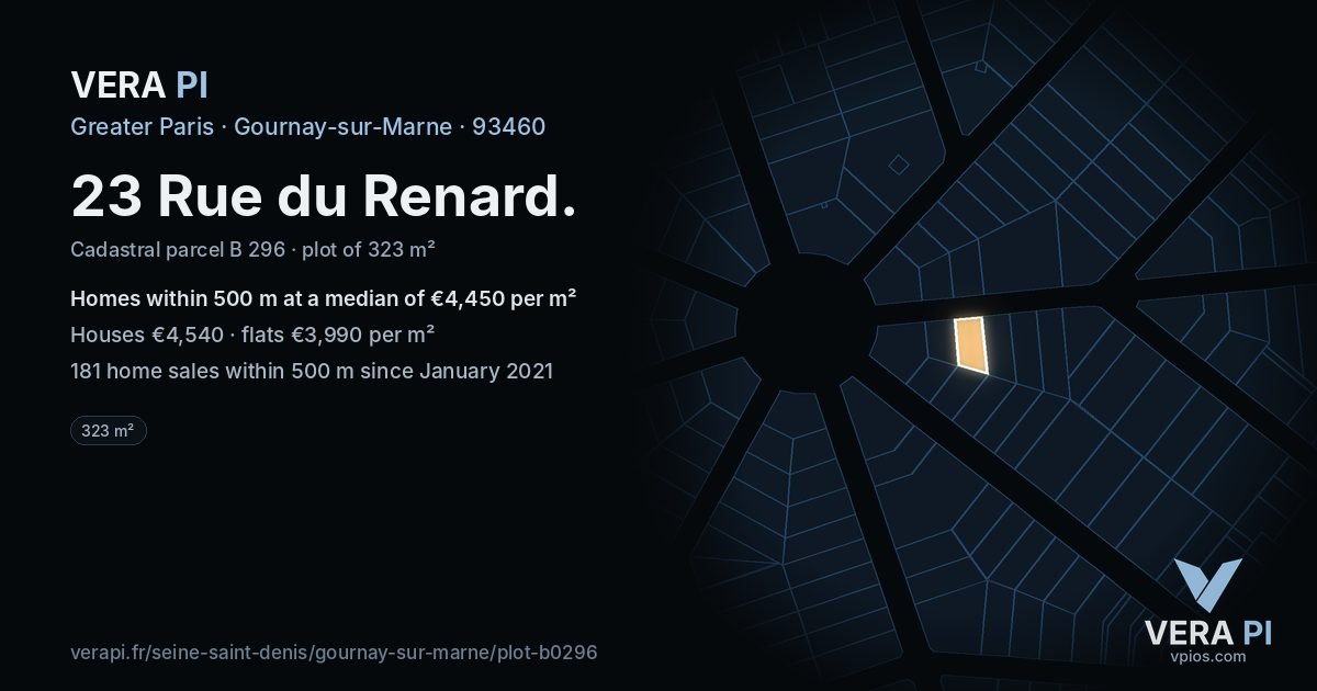 23 Rue du Renard, Gournay-sur-Marne at night – the plot lit, the parcels around coloured by the prices near them