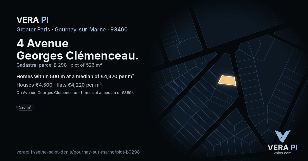 4 Avenue Georges Clémenceau, Gournay-sur-Marne at night – the plot lit, the parcels around coloured by the prices near them