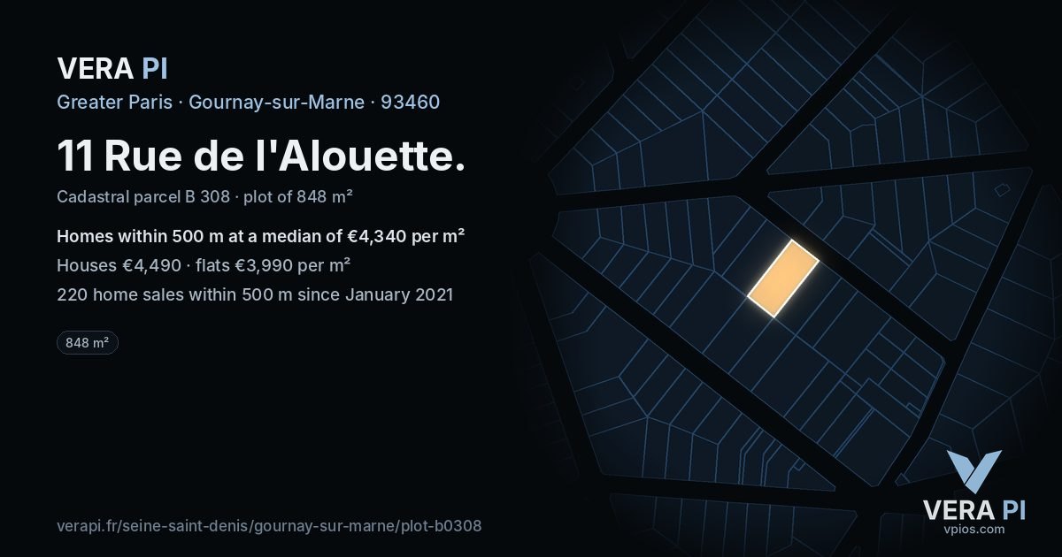 11 Rue de l'Alouette, Gournay-sur-Marne at night – the plot lit, the parcels around coloured by the prices near them