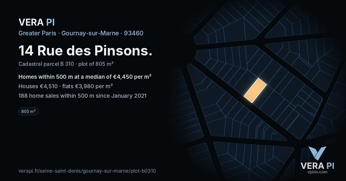 14 Rue des Pinsons, Gournay-sur-Marne at night – the plot lit, the parcels around coloured by the prices near them