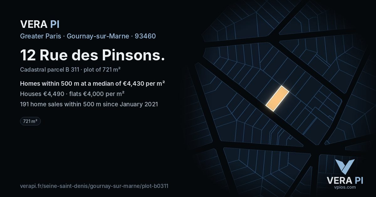 12 Rue des Pinsons, Gournay-sur-Marne at night – the plot lit, the parcels around coloured by the prices near them