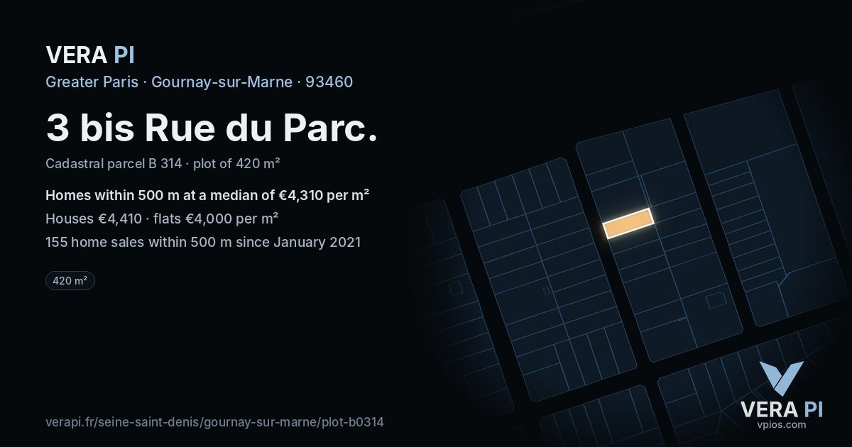 3 bis Rue du Parc, Gournay-sur-Marne at night – the plot lit, the parcels around coloured by the prices near them