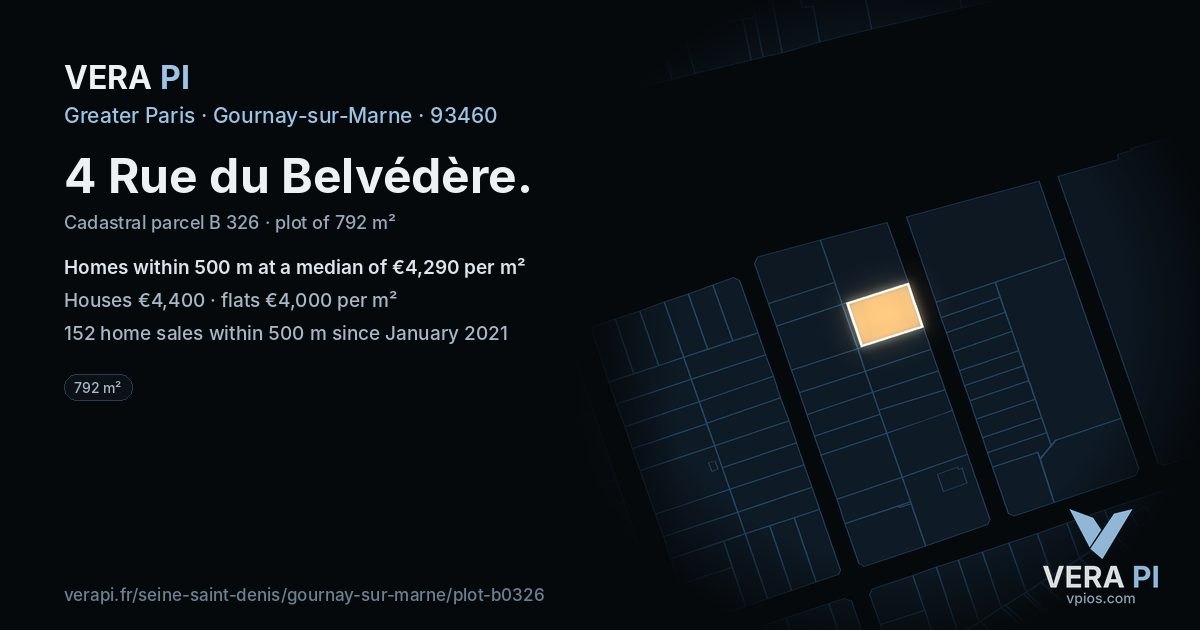 4 Rue du Belvédère, Gournay-sur-Marne at night – the plot lit, the parcels around coloured by the prices near them
