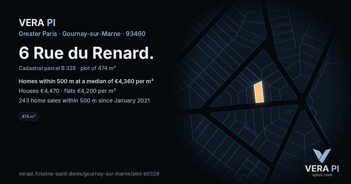 6 Rue du Renard, Gournay-sur-Marne at night – the plot lit, the parcels around coloured by the prices near them