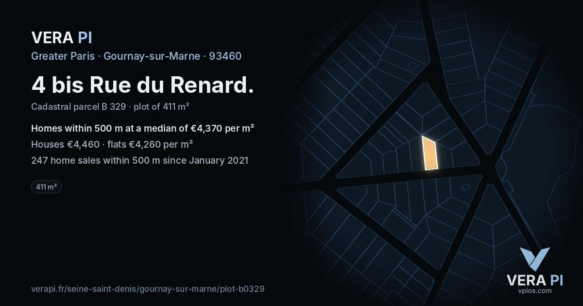 4 bis Rue du Renard, Gournay-sur-Marne at night – the plot lit, the parcels around coloured by the prices near them