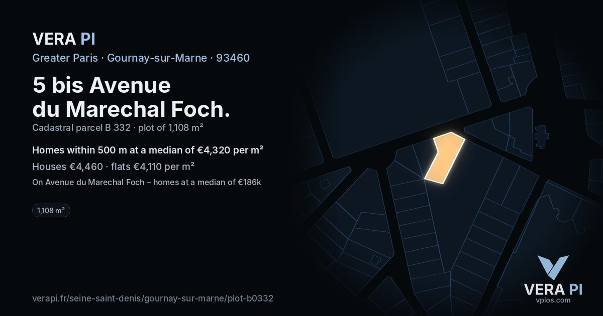 5 bis Avenue du Marechal Foch, Gournay-sur-Marne at night – the plot lit, the parcels around coloured by the prices near them