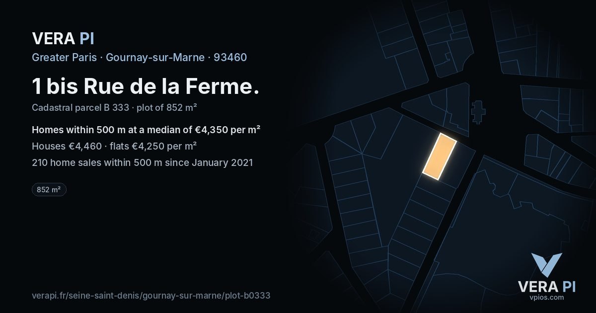 1 bis Rue de la Ferme, Gournay-sur-Marne at night – the plot lit, the parcels around coloured by the prices near them