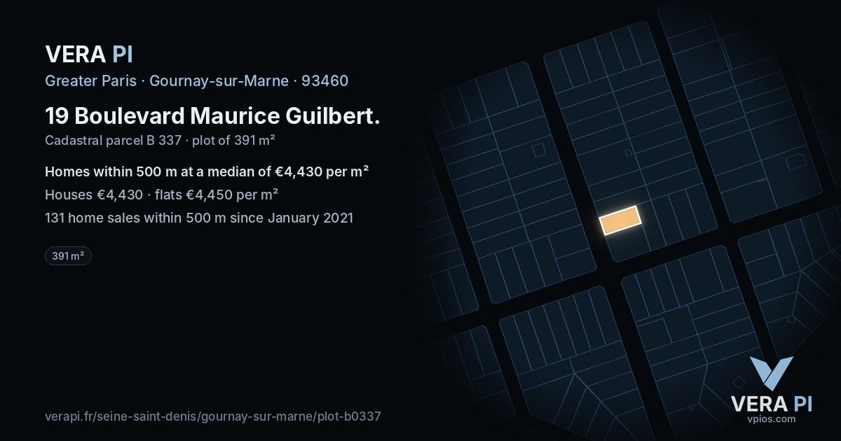 19 Boulevard Maurice Guilbert, Gournay-sur-Marne at night – the plot lit, the parcels around coloured by the prices near them